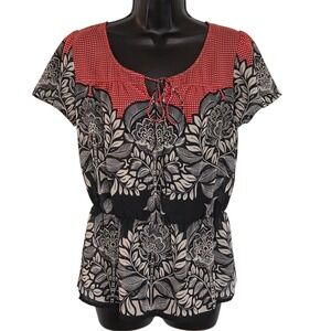 Mossimo Womens XS Blouse Top Red Polka‎ Dot Floral Print Short Sleeve